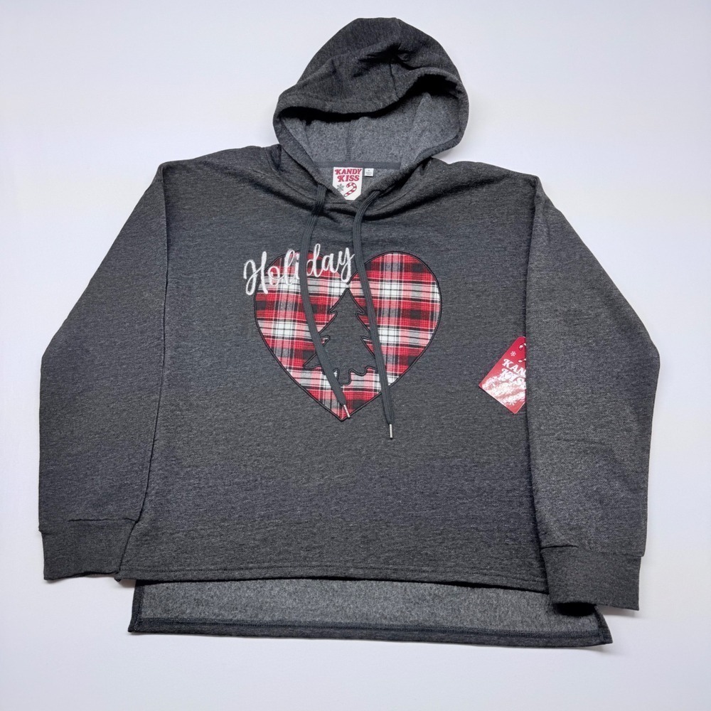 🔴 Kandy Kiss Girls Holiday Plaid Christmas Tree Heart Hoodie Sweatshirt Size S